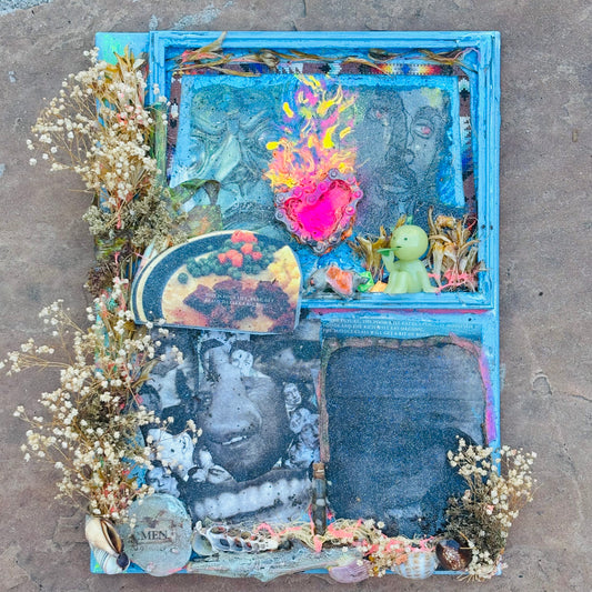 Mixed Men Media, 2025, assemblage, 11 x 16 in. / 27.94 x 40.64 cm.