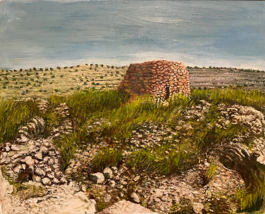 Atkeson Pueblo on Oak Creek, 2023, oil on glass in frame, 16 x 20 in. / 40.64 x 50.8 cm.