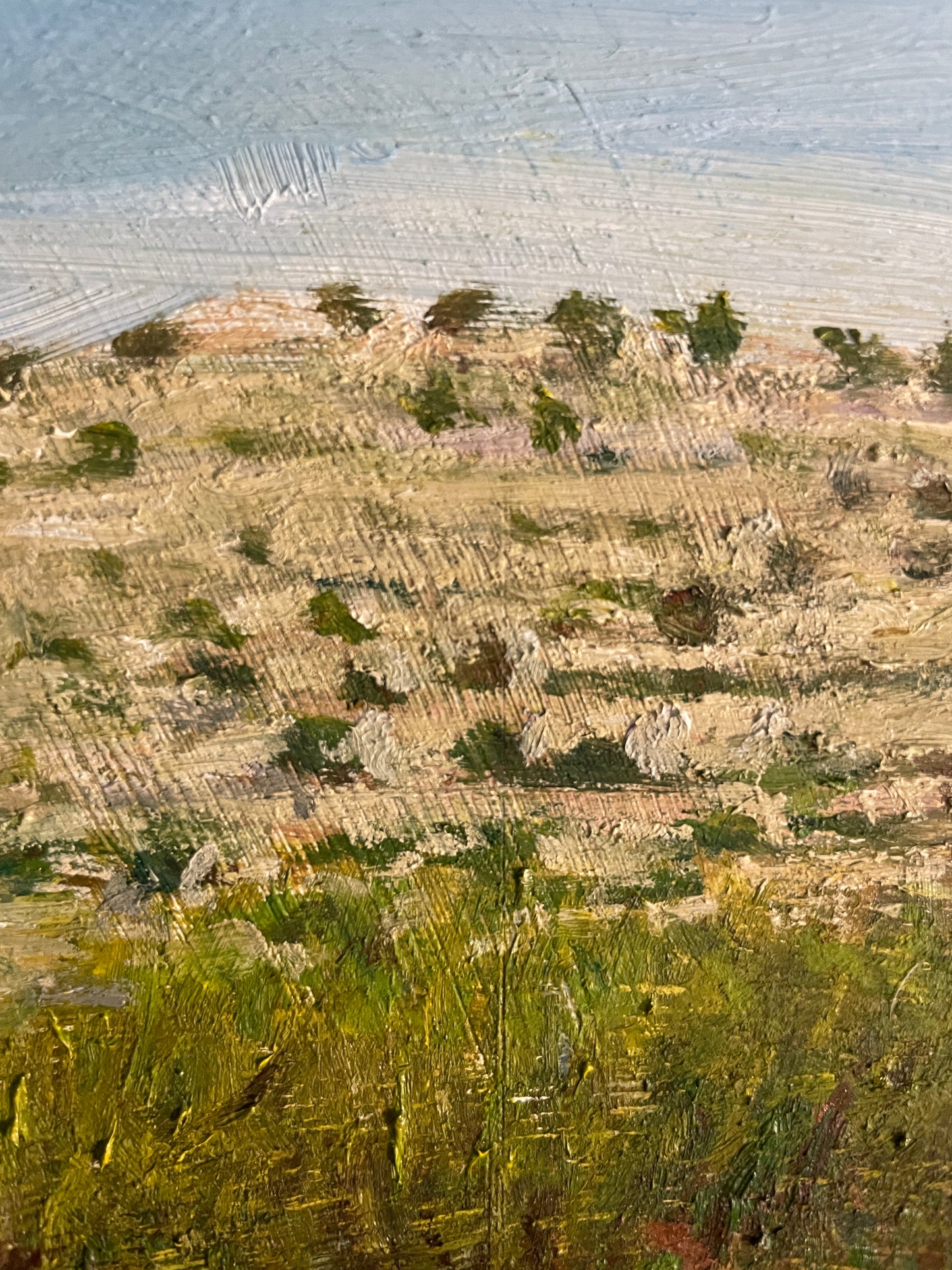 Atkeson Pueblo on Oak Creek, 2023, oil on glass in frame, 16 x 20 in. / 40.64 x 50.8 cm.