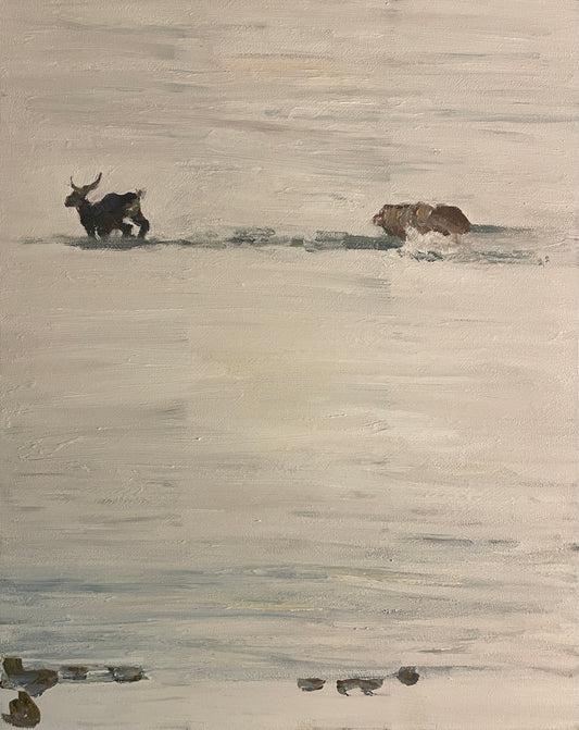 Caribou and Bear, 2022, acrylic on canvas, 16 x 20 in. / 40.64 x 50.8 cm.