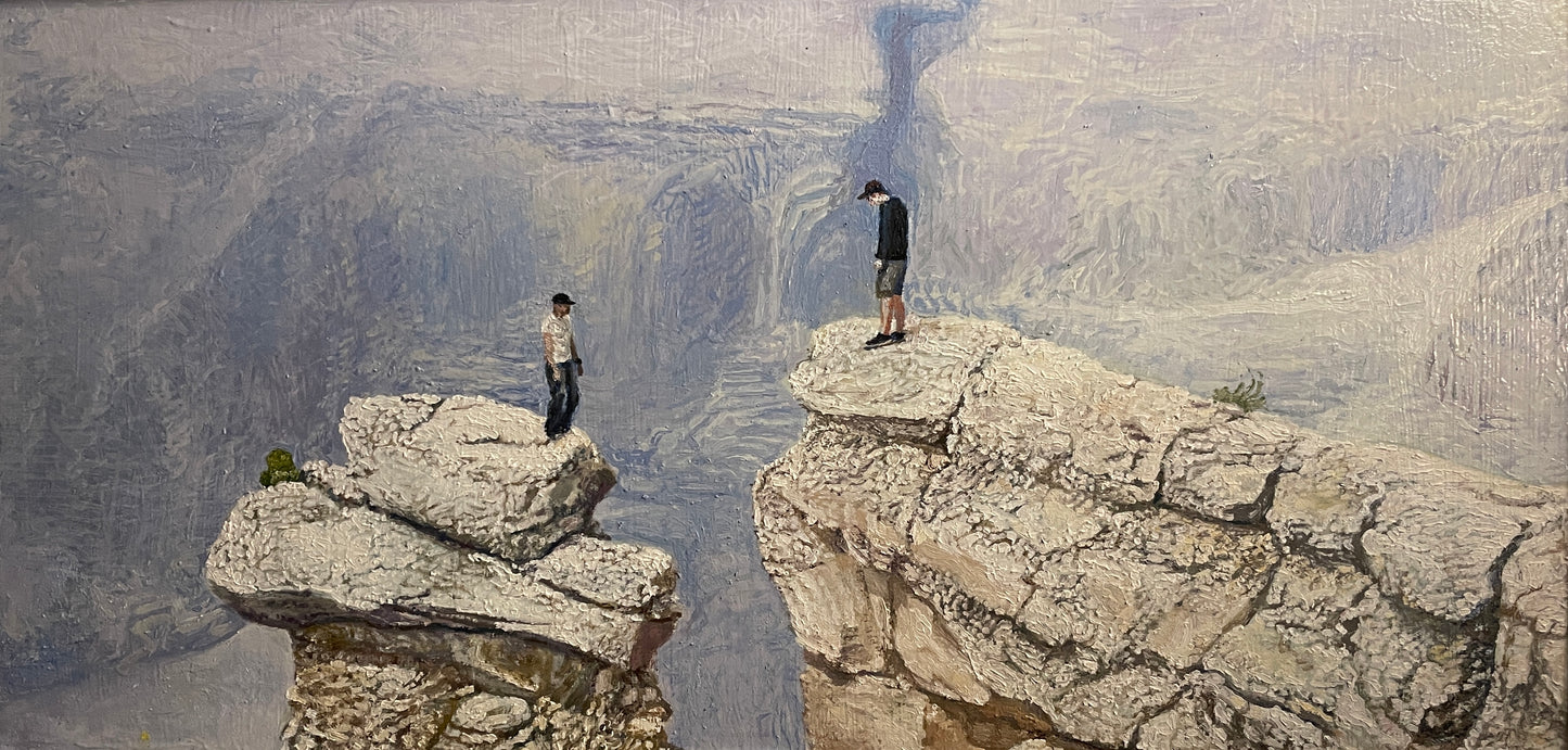 Daredevils, 2022, oil on glass in frame, 11.5 x 23.5 in. / 29.21 x 59.69 cm.