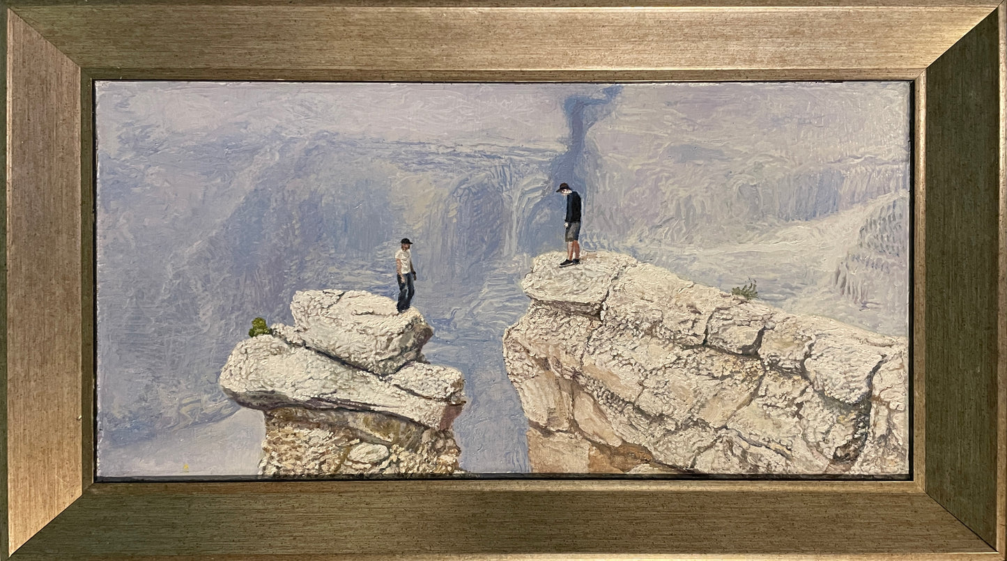 Daredevils, 2022, oil on glass in frame, 11.5 x 23.5 in. / 29.21 x 59.69 cm.