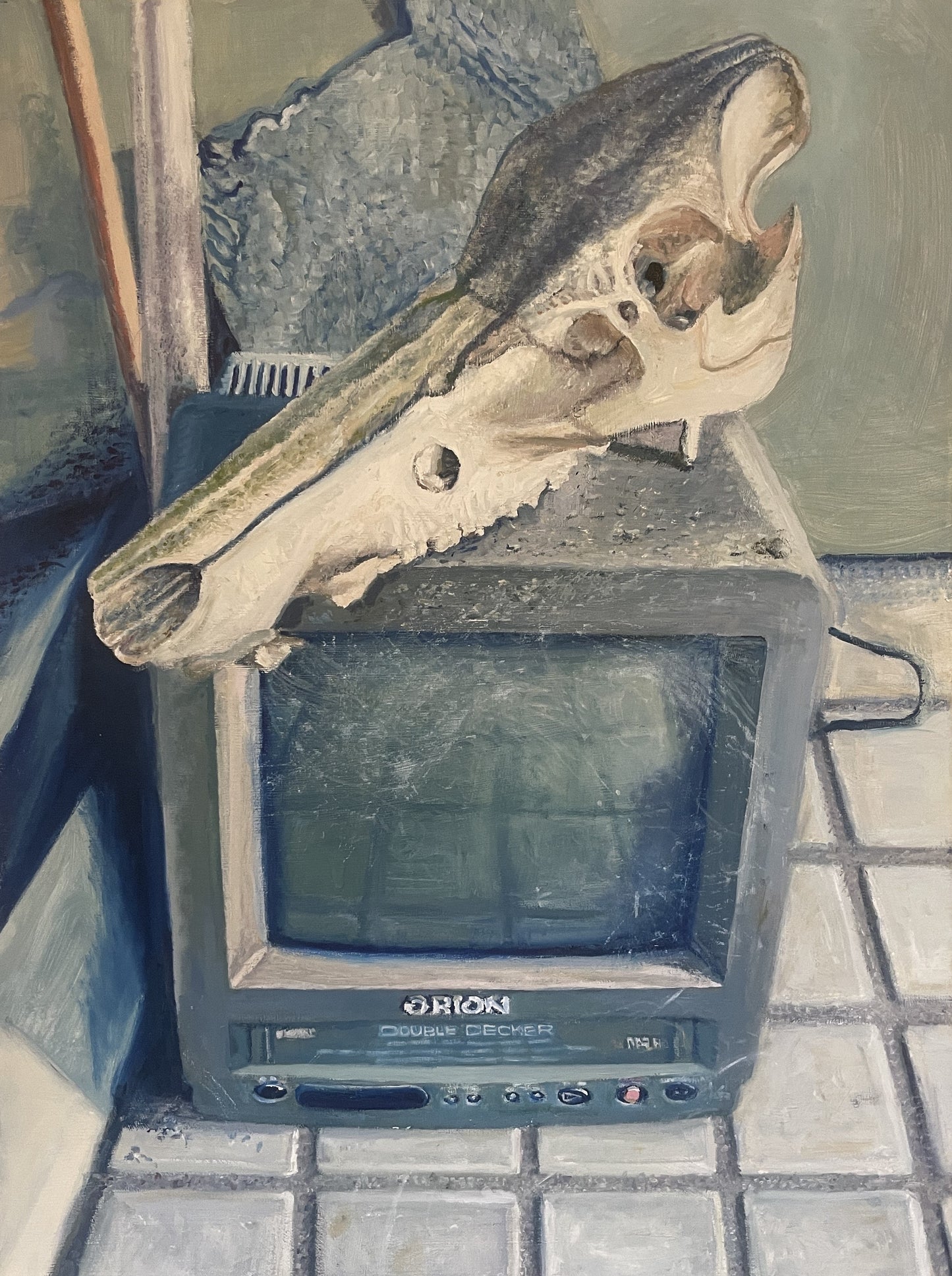 Skull on TV, 2023, oil on canvas, 24 x 18 in. / 60.96 x 45.72 cm.