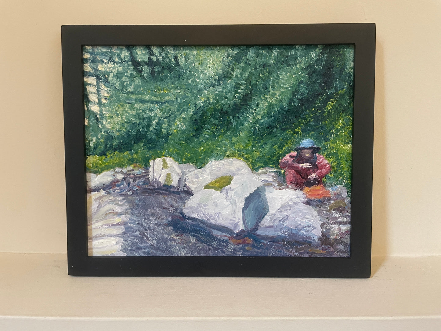 Lost Hiker, 2023, oil on glass in frame, 9 x 11 in. / 22.86 x 27.94 cm.