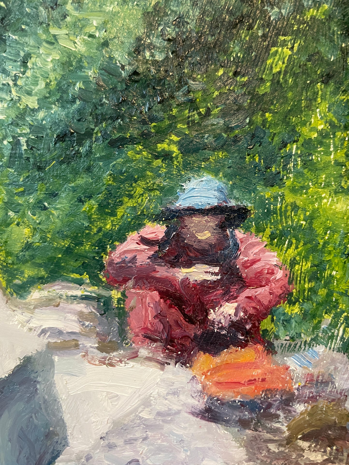 Lost Hiker, 2023, oil on glass in frame, 9 x 11 in. / 22.86 x 27.94 cm.