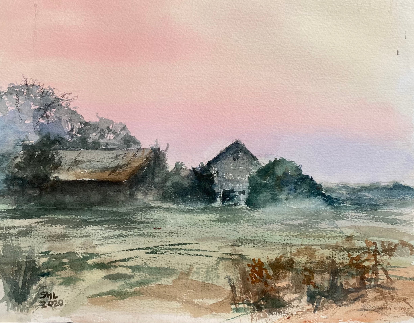 Newtown Neck Tobacco Barns, 2020, watercolor on paper, 12 x 9 in. / 30.48 x 22.86 cm.