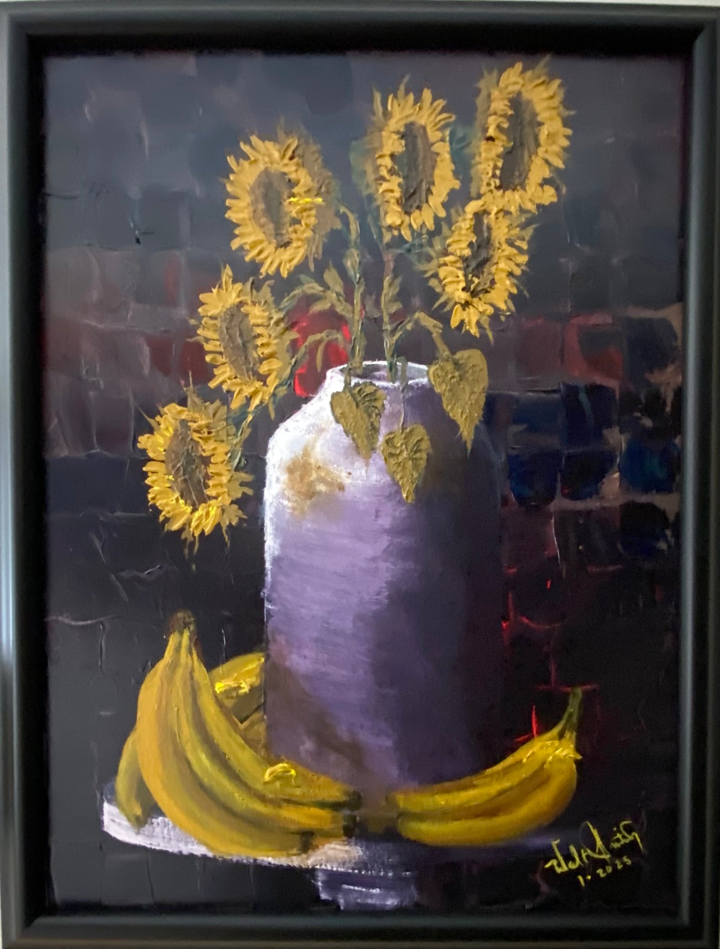 Bananas and Sunflowers, 2025, acrylic on canvas, 18 x 24 in. / 45.72 x 60.96 cm.