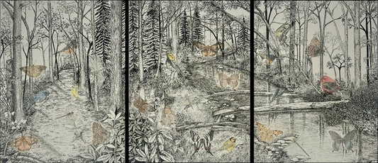 Into the Woods, 2024, ink and colored pencil, 24 x 54 in. / 60.96 x 137.16 cm.