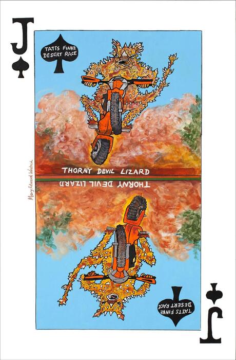 Jack of Spades: Thorny Devil Lizard in Desert Race, 2022, acrylic on canvas, 36 x 24 in. / 91.44 x 60.96 cm.