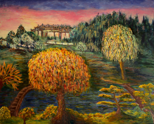 Japanese Garden at the Huntington, 2021, acrylic on canvas, 48 x 60 in. / 121.92 x 152.4 cm.