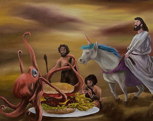 Jesus and the Old Gods Make a Cosmic Wager on a Cheeseburger, 2024, oil on canvas, 24 x 30 in. / 60.96 x 76.2 cm.