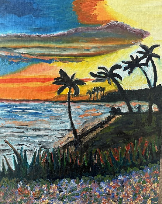 Koloa Sunset Flowers, 2024, oil on canvas board, 11 x 15 in. / 27.94 x 38.1 cm.