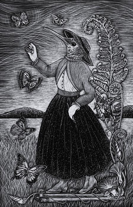 Little Women - Amy, 2024, scratchboard, 17.5 x 12.75 in. / 44.45 x 32.2 cm.