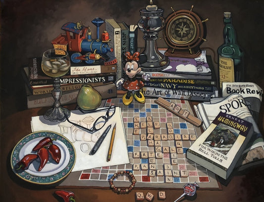 Minnie Mouse, Scrabble, Peppers SL19, 2018, oil on canvas, 24 x 30 in. / 60.96 x 76.2 cm.