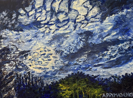 Moody Lunar Glow Over Brush, 2023, oil on canvas, 30 x 40 in. / 76.2 x 101.6 cm.