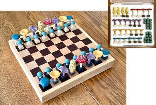 Mushroom Chess Set, 2023, ceramic, 5.5 x 14.5 x 14.5 in. / 13.97 x 36.83 x 36.83 cm.