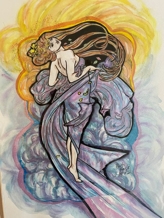 My Mucha Muse, 2022, watercolor collage, 23 x 19 in. / 58.42 x 48.26 cm.