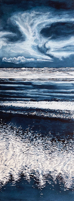 Pacific 2 (Seal Rocks Beach), 2023, ink on watercolor paper, 32 x 12 in. / 81.28 x 30.48 cm.