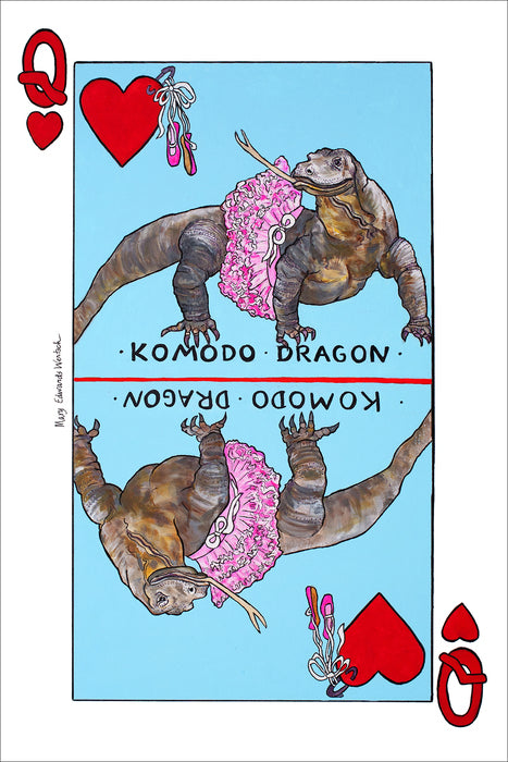 Queen of Hearts: Komodo Dragon Ballerina, 2022, acrylic on canvas, 36 x 24 in. / 91.44 x 60.96 cm.