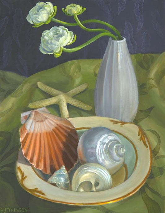 Ranunculus and Shells, 2024, oil on board, 18 x 14 in. / 45.72 x 35.56 cm.