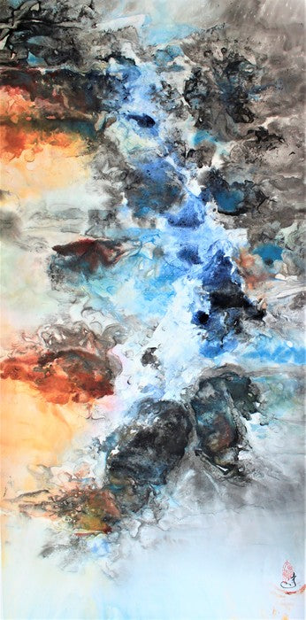 River of Dreams 1, 2019, mixed media on rice paper, 55 x 27 in. / 139.7 x 68.58 cm.