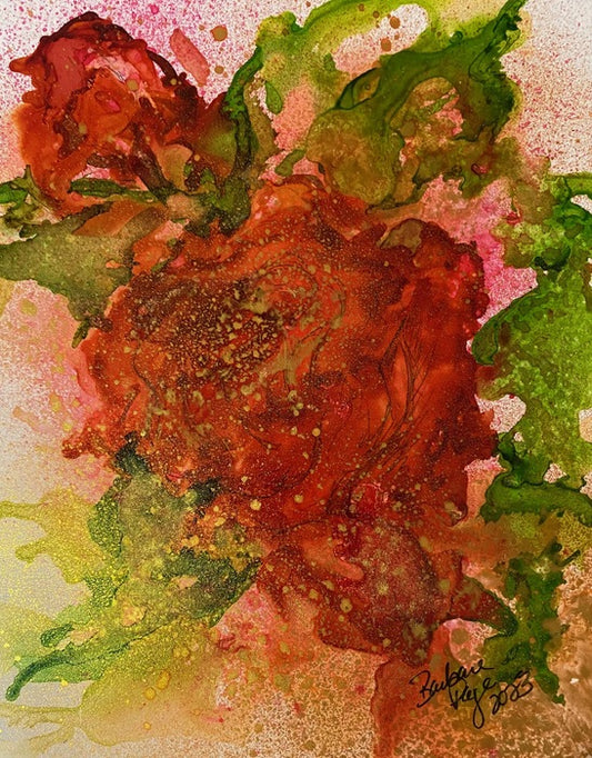 Roses in Gold, 2023, alcohol inks, 10 x 12 in. / 25.4 x 30.48 cm.