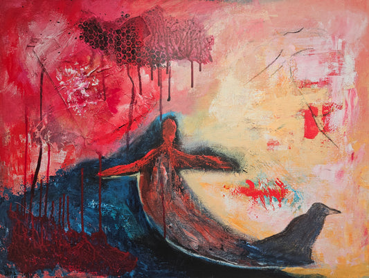 A Dream of a Girl and a Raven, 2024, acrylic, 60 x 60 cm. / 23.62 x 23.62 in.