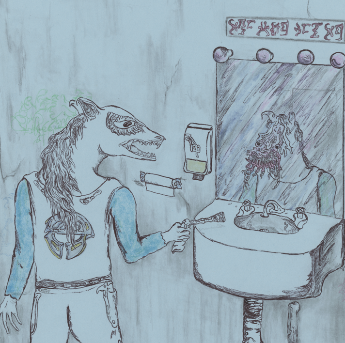 Freaking Out in the Bathroom, 2021, colored pencil on paper, 11 x 8.5 in. / 27.94 x 21.59 cm.