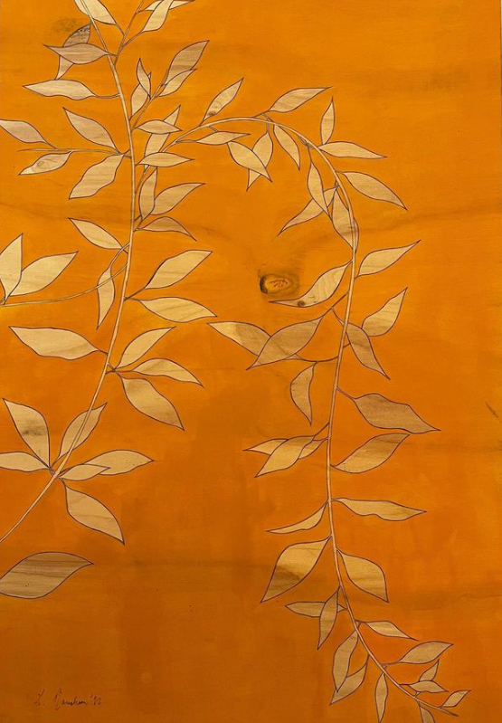 Leaves Silhouette in Orange, 2022, gouache on wood panel, 15 x 22.75 in. / 22.75 x 57.785 cm.