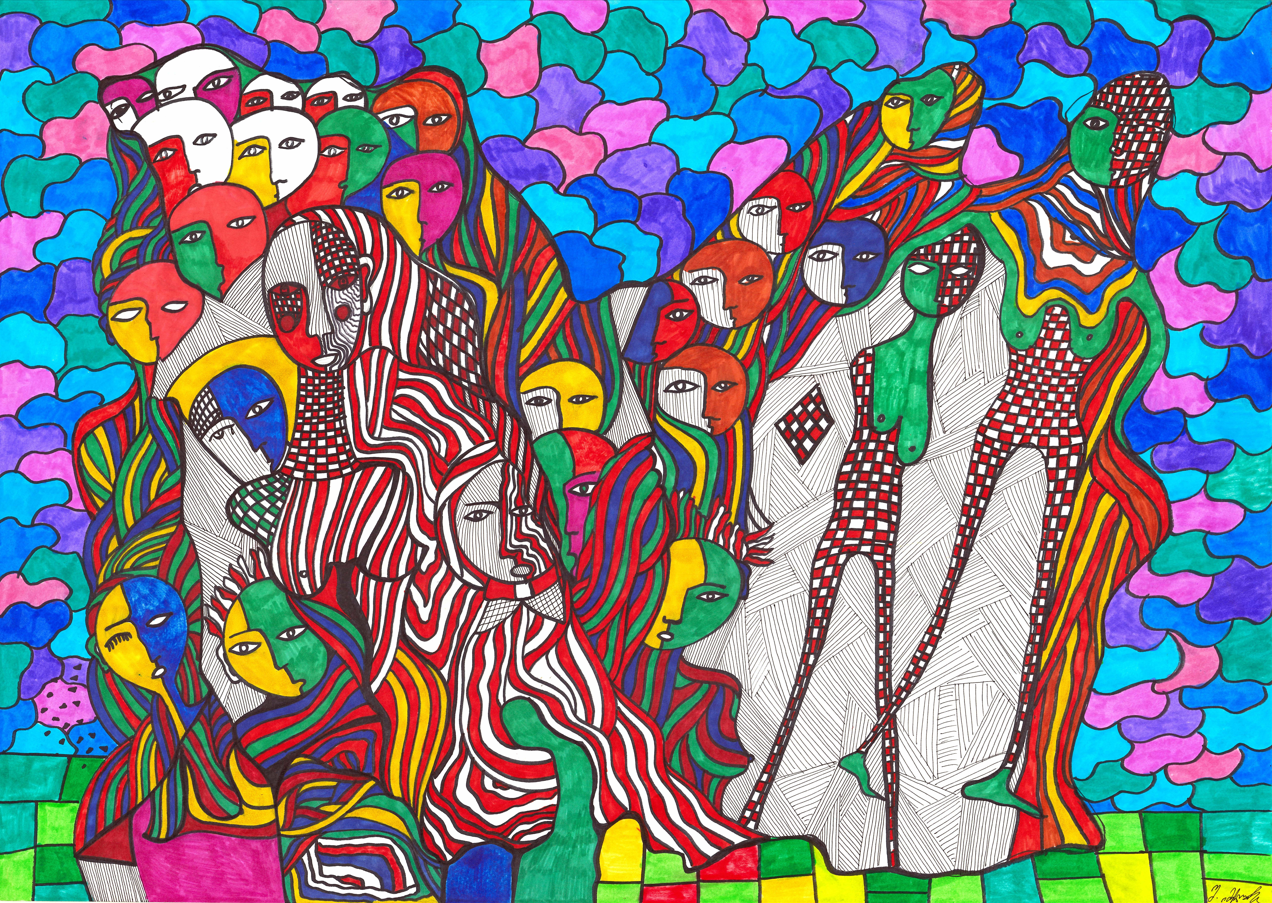 Crowd, 2019, ink, watercolor markers, and pencils on paper, 61 x 86 cm. / 24.0157 x 33.8583 in.