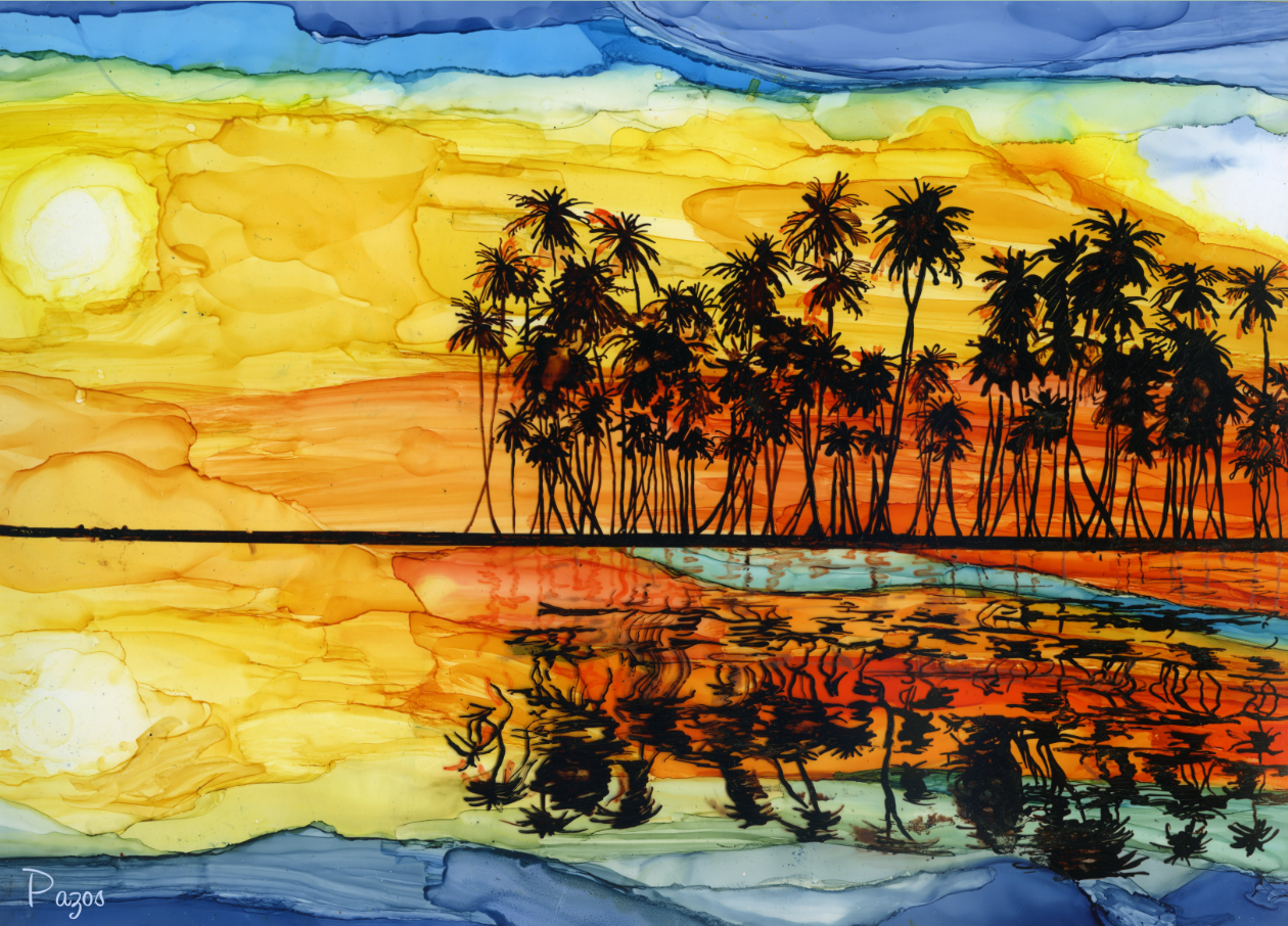 Reflections of Palms, 2023, alcohol inks, 14 x 11 in. / 35.56 x 27.94 cm.