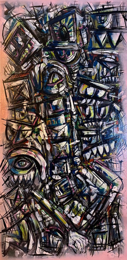 Robot Stack, 2025, acrylic on canvas, 15 x 30 in. / 38.1 x 76.2 cm.