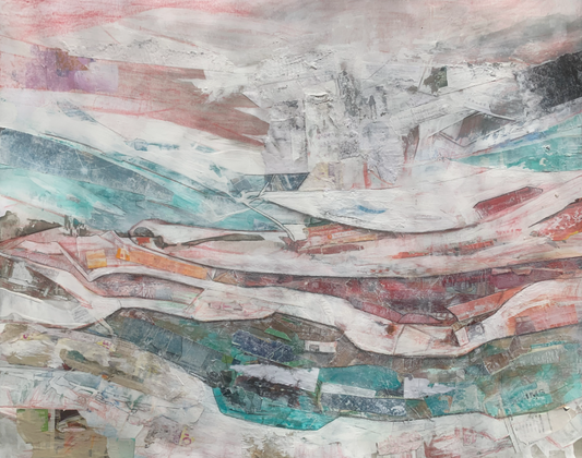 The Tale of a Winter Sky as Told by Reflections in Newly Fallen Snow, 2023, mixed media, 19 x 24 in. / 48.26 x 60.96 cm.