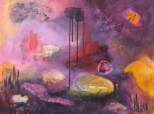 Raven and Flying Stones, 2025, acrylic, 60 x 80 cm. / 23.62 x 31.4 in.