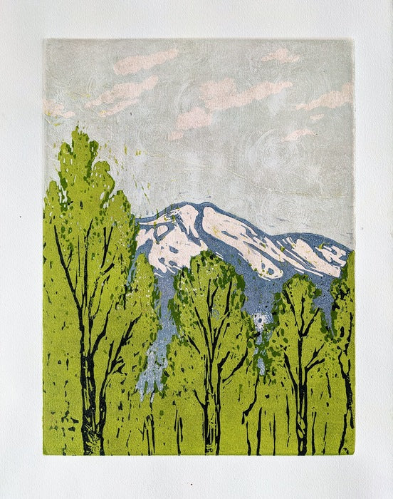 Smoke in May, 2023, reduction linoleum print, 12 x 8 in. / 30.48 x 20.32 cm.