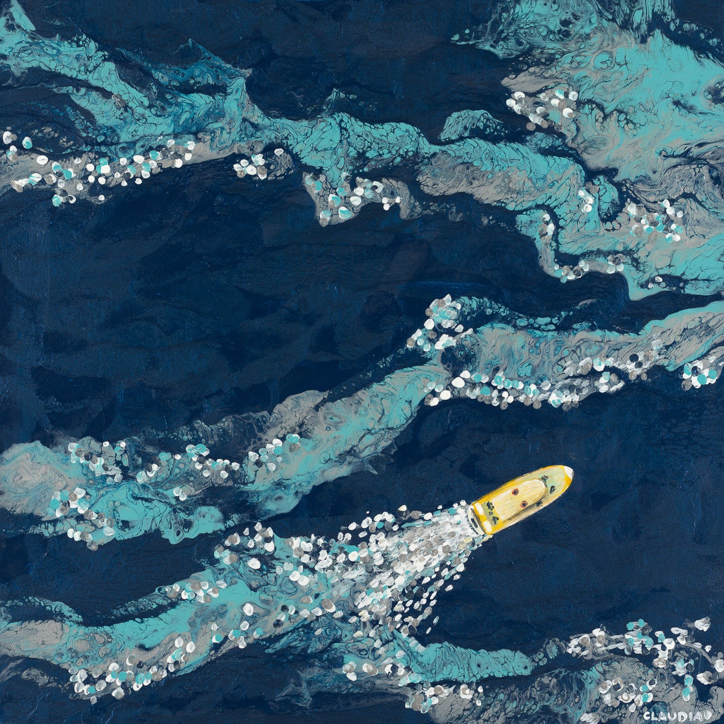 Speedboat Racing, 2025, acrylic, 20 x 20 in. / 50.8 x 50.8 cm.