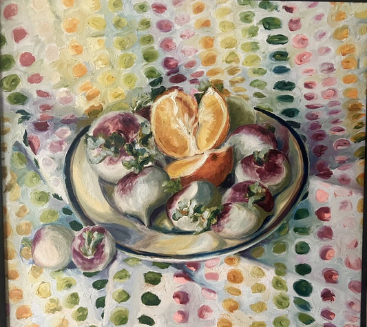 Still Life with Orange and Turnips, 1970, oil on canvas, 24 x 26 in. / 60.96 x 66.04 cm.