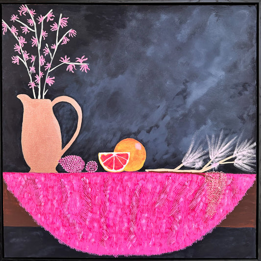 (Still) Life in Pink, 2023, mixed media on canvas, 24 x 24 in. / 60.96 x 60.96 cm.