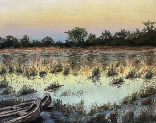 Sunrise over the Okavango Delta, 2023, soft pastels, 8 x 10 in. / 20.32 x 25.4 cm.