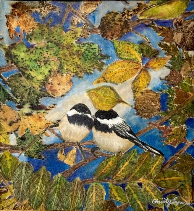 Team Chickadee, 2025, eco-printed foliage and acrylic on silk, 14 x 14 in. / 35.56 x 35.56 cm.