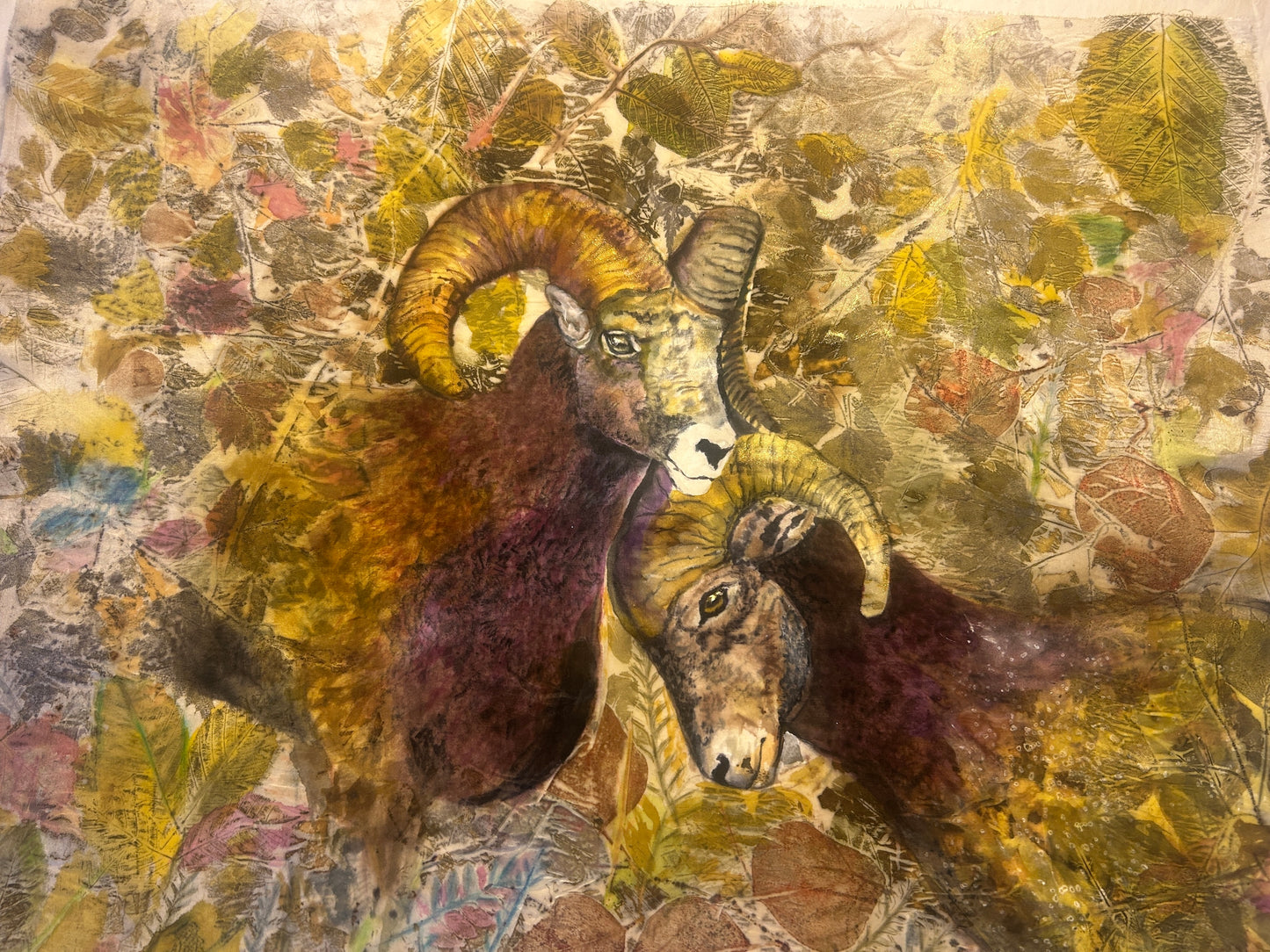 Tender Bonds, 2025, eco-printed foliage and dye on silk, 24 x 22 in. / 60.96 x 55.88 cm.