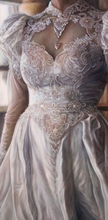 The Fragility of Memory: Her Wedding Gown, 2023, oil on canvas, 15 x 30 in. / 38.1 x 76.2 cm.