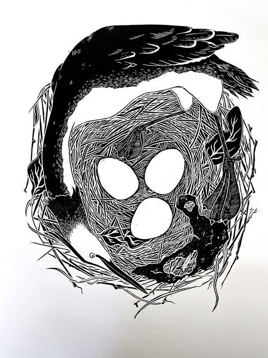 The Great Crested Grebe Nest, 2021, relief print on paper, 15 x 20 in. / 38.1 x 50.8 cm.