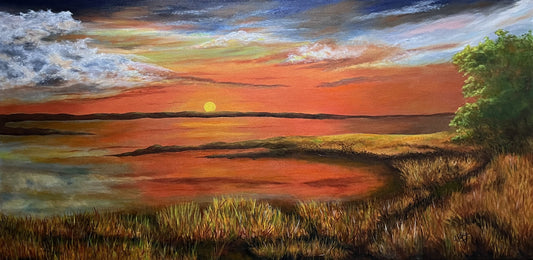The Marsh at Sunset, 2025, acrylic, 24 x 48 in. / 60.96 x 121.92 cm.