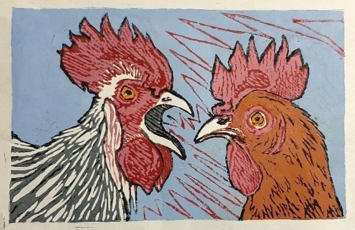 Two Roosters, 2023, reduction linoprint, 8 x 10 in. / 20.32 x 25.4 cm.