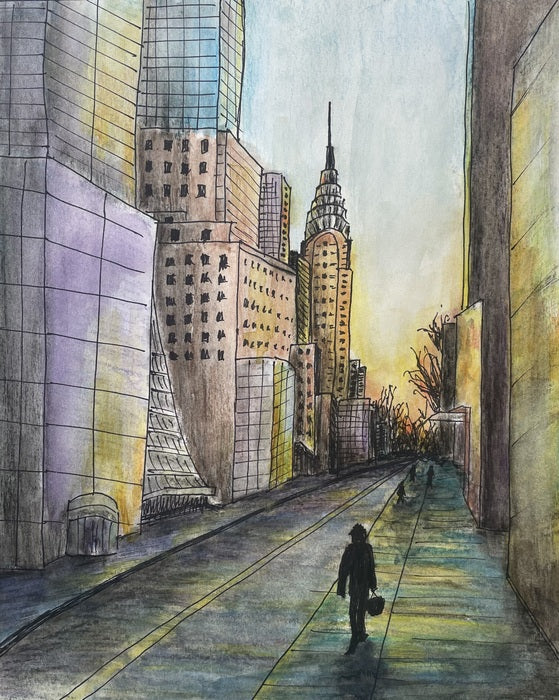 Walking to Work on 42nd Street, 2024, watercolors, 8 x 10 in. / 20.32 x 25.4 cm.