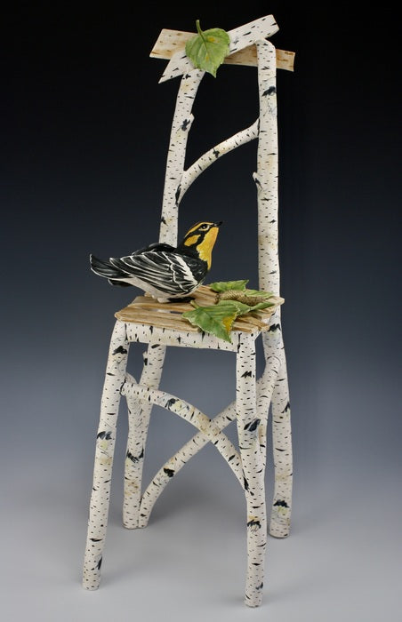 Warbler and Birch, 2016, ceramic, 17 x 7 x 6 in. / 43.18 x 17.78 x 15.24 cm.