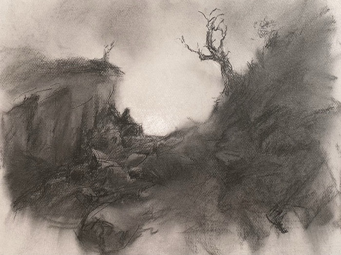 When I Sit in Darkness, The LORD Shall be a Light Unto Me, 2021, charcoal on mi-tientes paper, 12 x 14 in. / 30.48 x 35.56 cm.