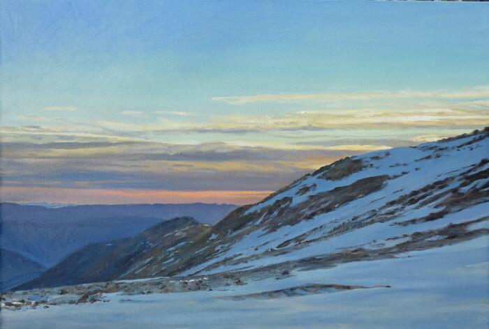 Winter On Clarks Peak, Rawahs, 2023, oil, 22 x 33 in. / 55.88 x 83.82 cm.