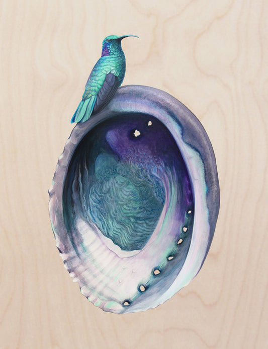 Abalone/Hummingbird, 2023, mixed media on wood, 24 x 19 in. / 60.96 x 48.26 cm.